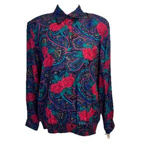 Vintage Alfred Dunner Blouse Top sz 16 Green Blue Red Floral Paisley Career USA